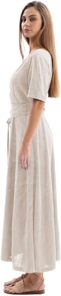 Amazhiyu Womens Linen Short Sleeve V Neck Wrap Maxi Dress Belt Tie with Pockets