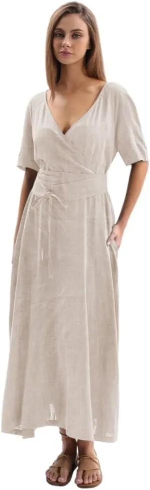 Amazhiyu Womens Linen Short Sleeve V Neck Wrap Maxi Dress Belt Tie with Pockets