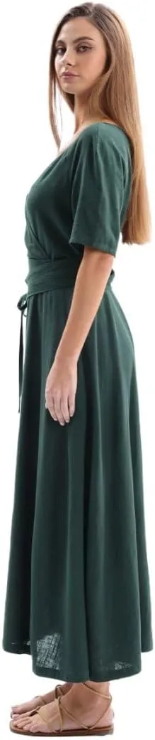 Amazhiyu Womens Linen Short Sleeve V Neck Wrap Maxi Dress Belt Tie with Pockets