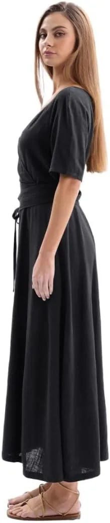 Amazhiyu Womens Linen Short Sleeve V Neck Wrap Maxi Dress Belt Tie with Pockets