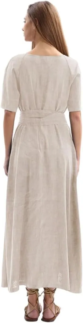 Amazhiyu Womens Linen Short Sleeve V Neck Wrap Maxi Dress Belt Tie with Pockets