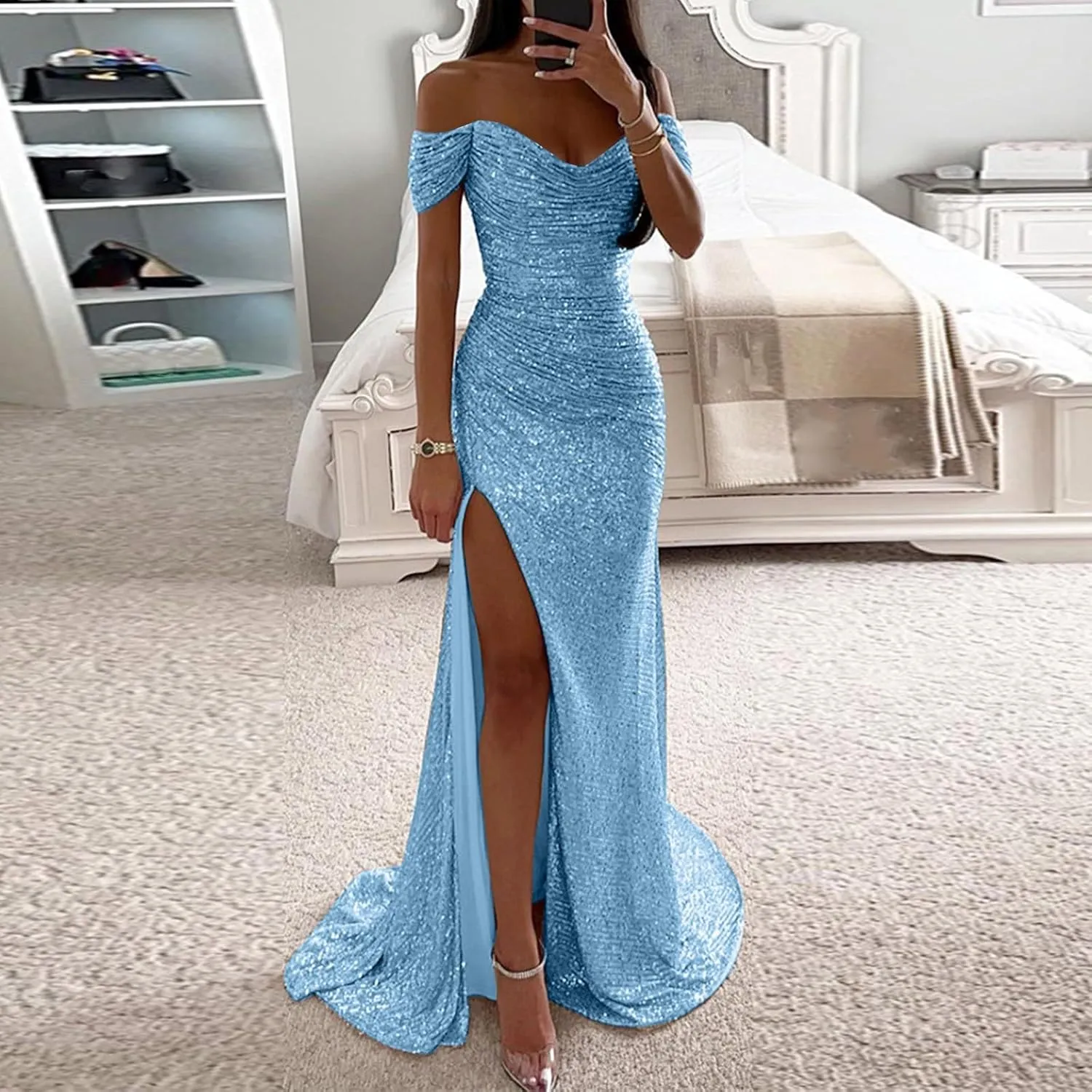 Aniywn Sparkly Sequin Prom Dresses for Women 2025 Long Bodycon Off Shoulder Formal Evening Party Gown with Slit Formal Gown