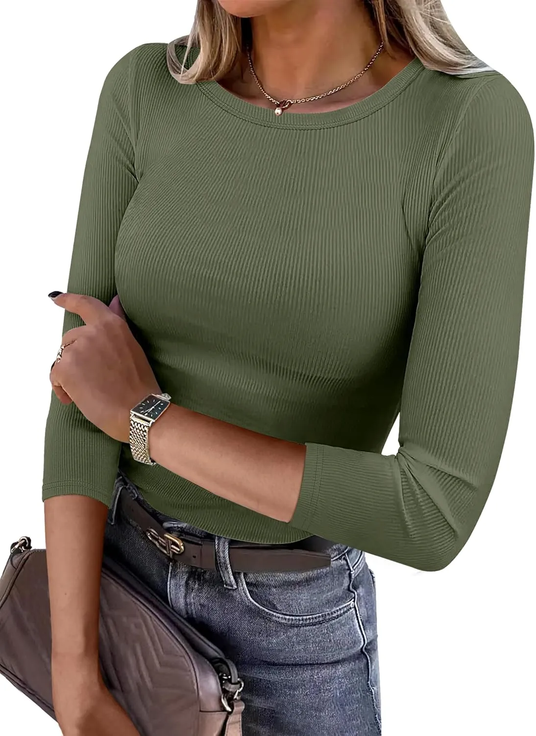 ANRABESS Women 3/4 Sleeve Crewneck Rib Knit Slim Fit Shirts Basic Tee Tops 2025 Summer Casual T-Shirt Workout Outfits Clothes