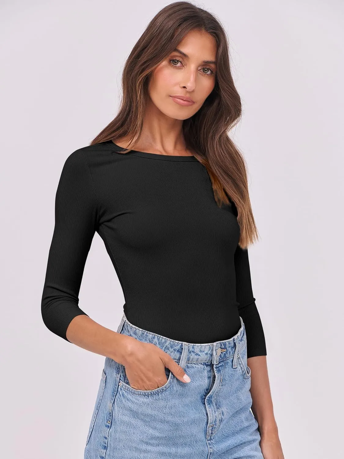 ANRABESS Women 3/4 Sleeve Crewneck Rib Knit Slim Fit Shirts Basic Tee Tops 2025 Summer Casual T-Shirt Workout Outfits Clothes
