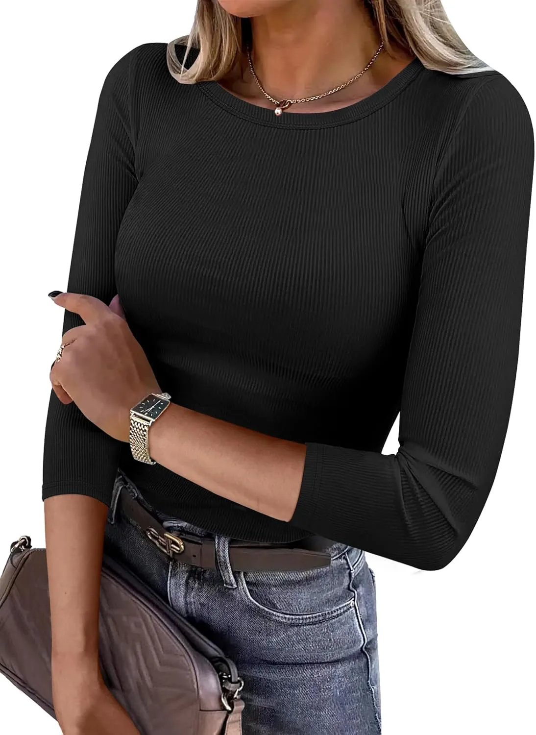 ANRABESS Women 3/4 Sleeve Crewneck Rib Knit Slim Fit Shirts Basic Tee Tops 2025 Summer Casual T-Shirt Workout Outfits Clothes
