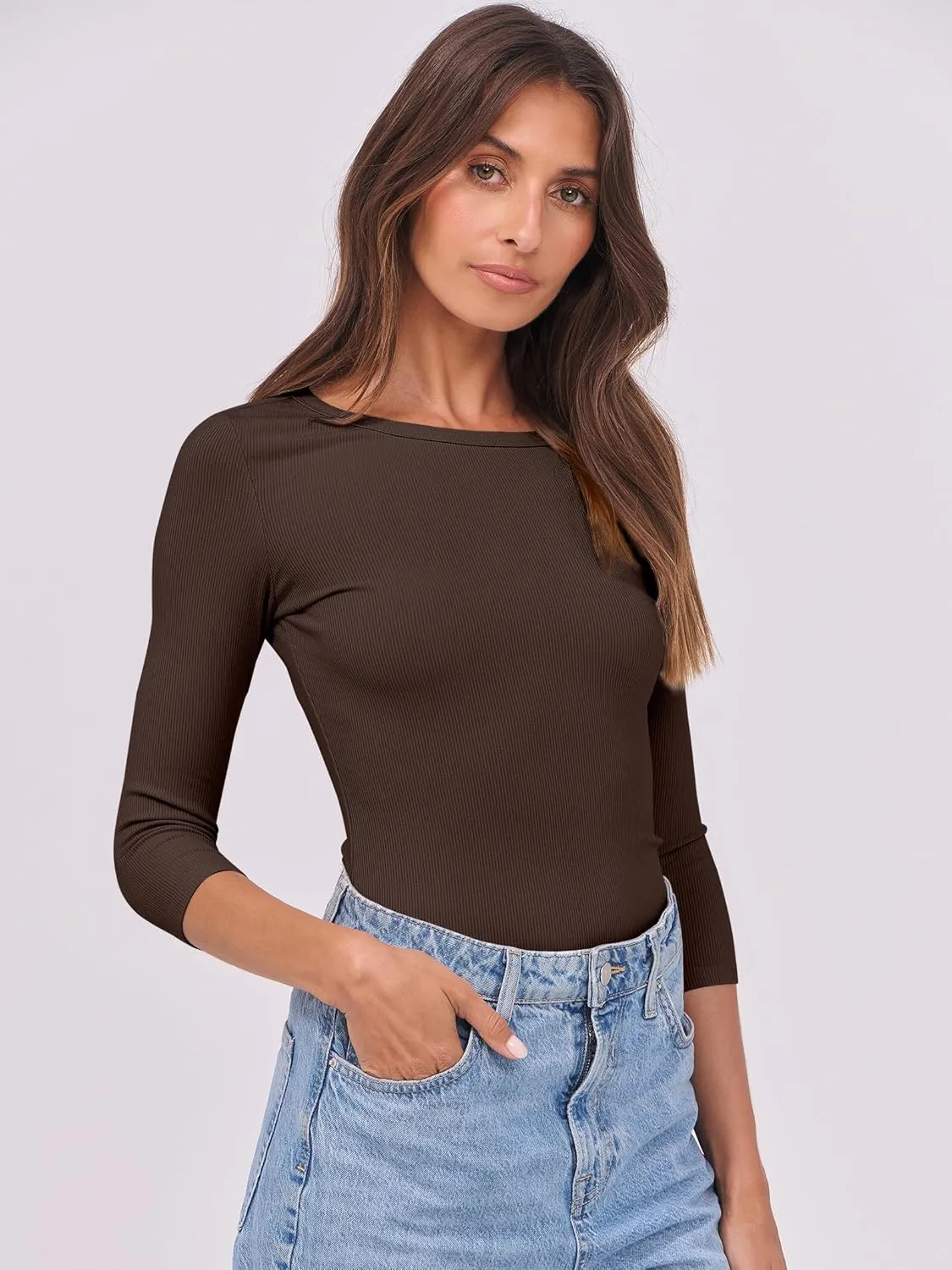 ANRABESS Women 3/4 Sleeve Crewneck Rib Knit Slim Fit Shirts Basic Tee Tops 2025 Summer Casual T-Shirt Workout Outfits Clothes