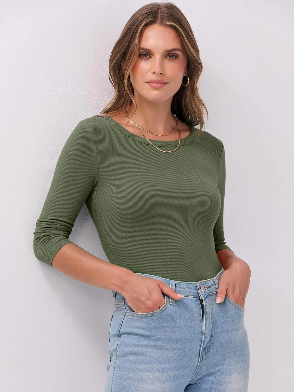ANRABESS Women 3/4 Sleeve Crewneck Rib Knit Slim Fit Shirts Basic Tee Tops 2025 Summer Casual T-Shirt Workout Outfits Clothes