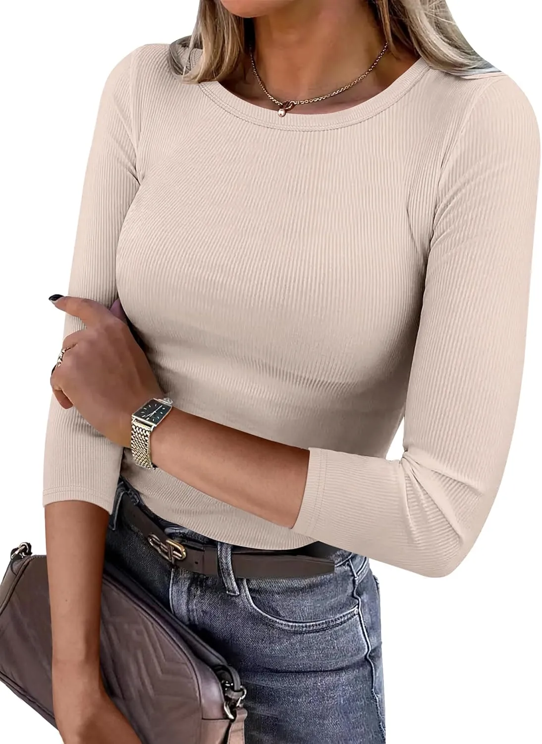 ANRABESS Women 3/4 Sleeve Crewneck Rib Knit Slim Fit Shirts Basic Tee Tops 2025 Summer Casual T-Shirt Workout Outfits Clothes