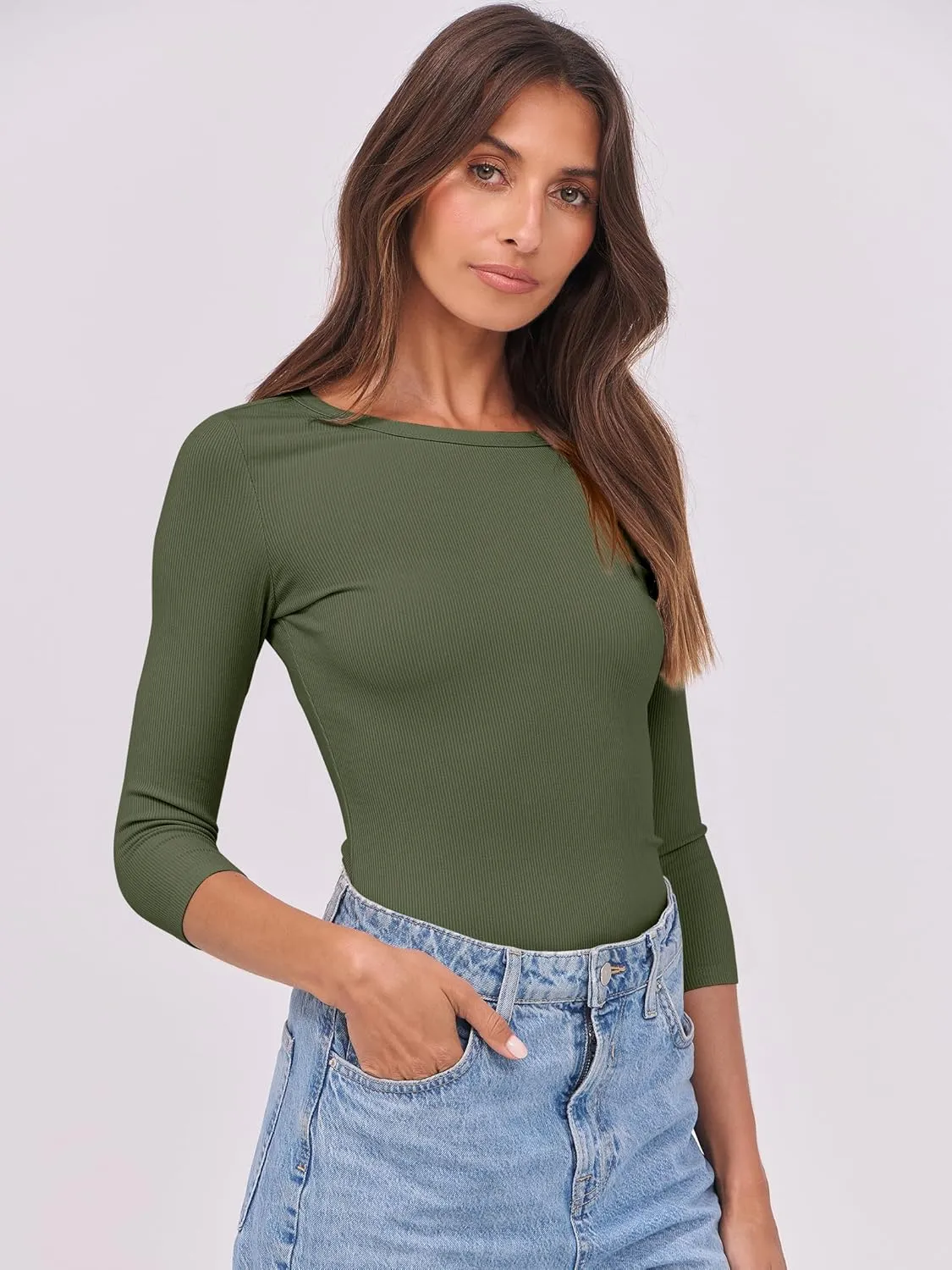 ANRABESS Women 3/4 Sleeve Crewneck Rib Knit Slim Fit Shirts Basic Tee Tops 2025 Summer Casual T-Shirt Workout Outfits Clothes