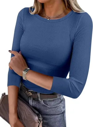 ANRABESS Women 3/4 Sleeve Crewneck Rib Knit Slim Fit Shirts Basic Tee Tops 2025 Summer Casual T-Shirt Workout Outfits Clothes