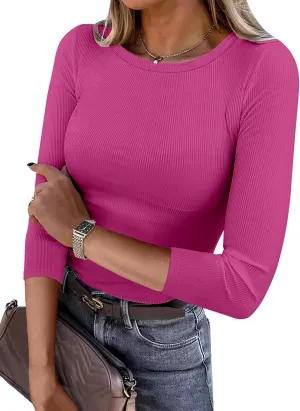 ANRABESS Women 3/4 Sleeve Crewneck Rib Knit Slim Fit Shirts Basic Tee Tops 2025 Summer Casual T-Shirt Workout Outfits Clothes