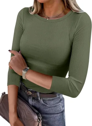 ANRABESS Women 3/4 Sleeve Crewneck Rib Knit Slim Fit Shirts Basic Tee Tops 2025 Summer Casual T-Shirt Workout Outfits Clothes
