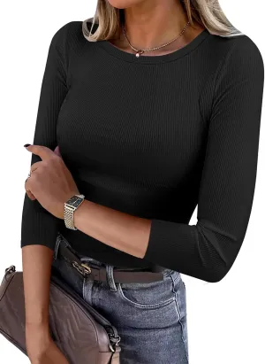 ANRABESS Women 3/4 Sleeve Crewneck Rib Knit Slim Fit Shirts Basic Tee Tops 2025 Summer Casual T-Shirt Workout Outfits Clothes