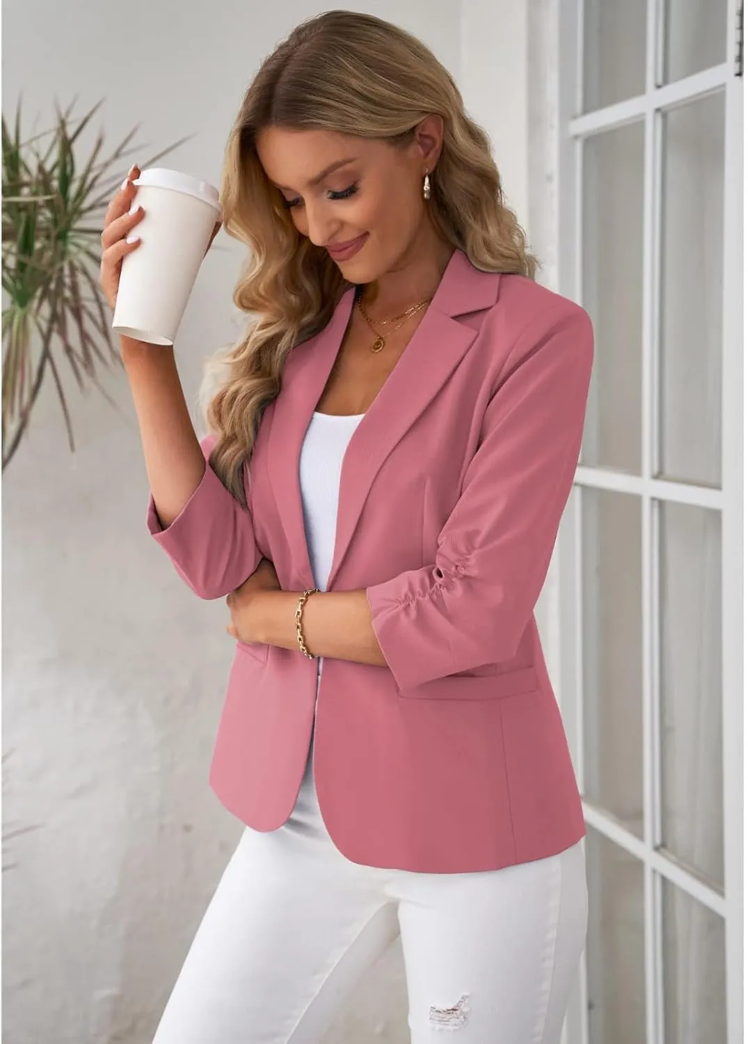Blazers for Women Dressy 3/4 Sleeve Suit Jackets Open Front Business Casual Blazer Lightweight Work Office Blazer