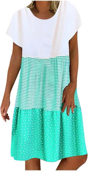 Boho Dresses for Women Trendy 2024 Casual Short Sleeve Summer Tshirt Dress Plus Size Color Block Swing Midi Sundress
