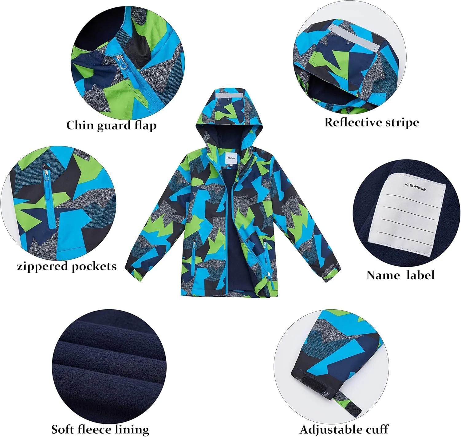 Boys Rain Jackets Lightweight Waterproof Hooded fleece Raincoats Windbreakers for Kids