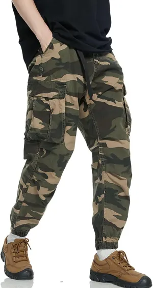 Camouflage Cargo Pants for Men Military Tactical Hiking Joggers Sweatpants with Pockets Drawstring Cinch Bottoms Pant