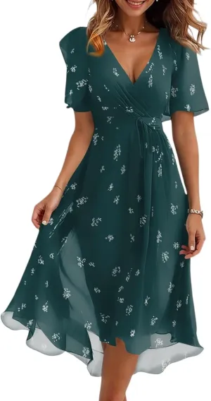 Chiffon Dresses for Women Summer Sexy Wrap V Neck Cocktail Party Dresses Floral Print Flowy Wedding Guest Midi Dress