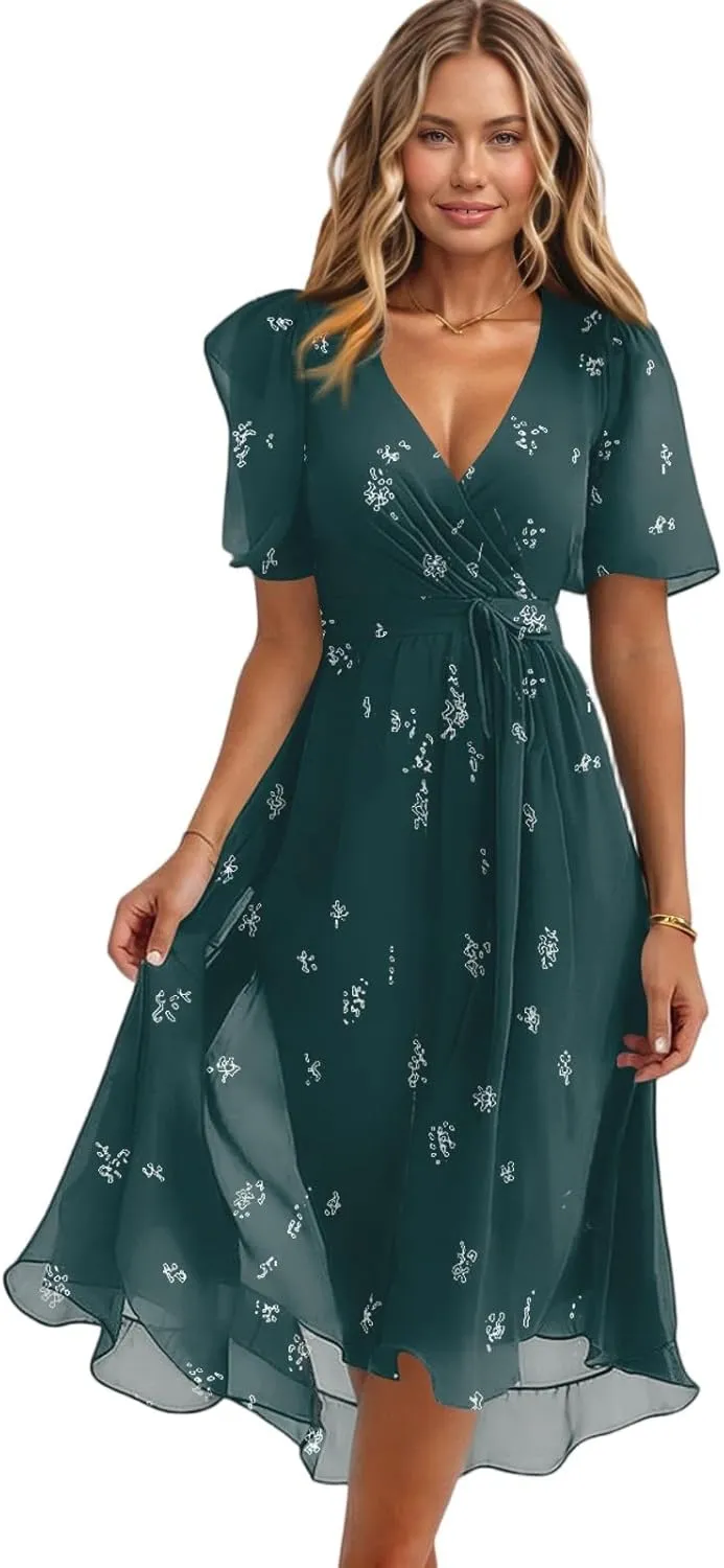 Chiffon Dresses for Women Summer Sexy Wrap V Neck Cocktail Party Dresses Floral Print Flowy Wedding Guest Midi Dress