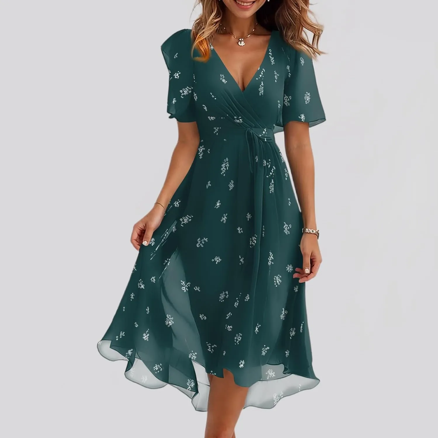 Chiffon Dresses for Women Summer Sexy Wrap V Neck Cocktail Party Dresses Floral Print Flowy Wedding Guest Midi Dress