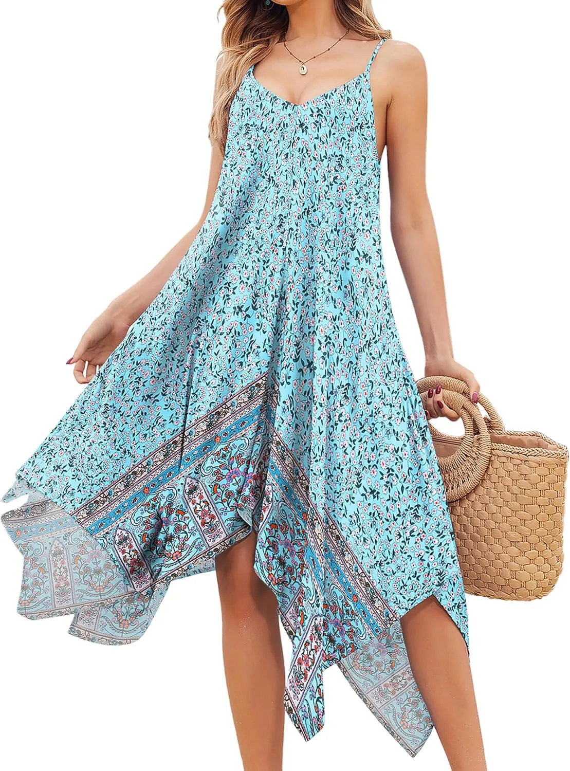 Chigant Women's 2025 Summer Dress Casual Boho Sundress Spaghetti Strap Swimwear Cover Up Beach Flowy Midi Vacation Dresses