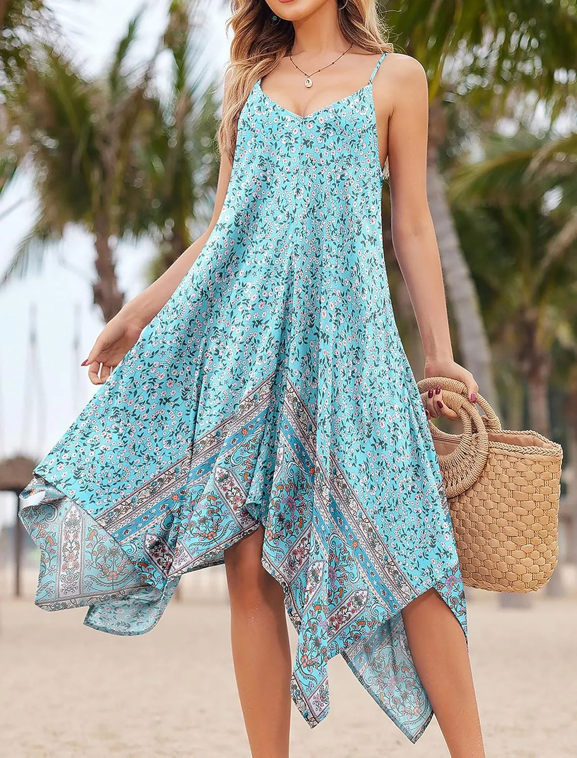 Chigant Women's 2025 Summer Dress Casual Boho Sundress Spaghetti Strap Swimwear Cover Up Beach Flowy Midi Vacation Dresses