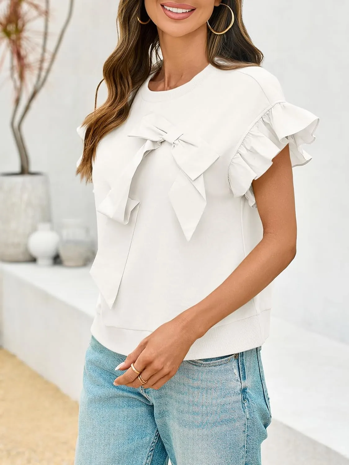 Cicy Bell Womens Ruffle Sleeve T Shirts Summer Casual Bow Tops Loose Fit Crew Neck Tees