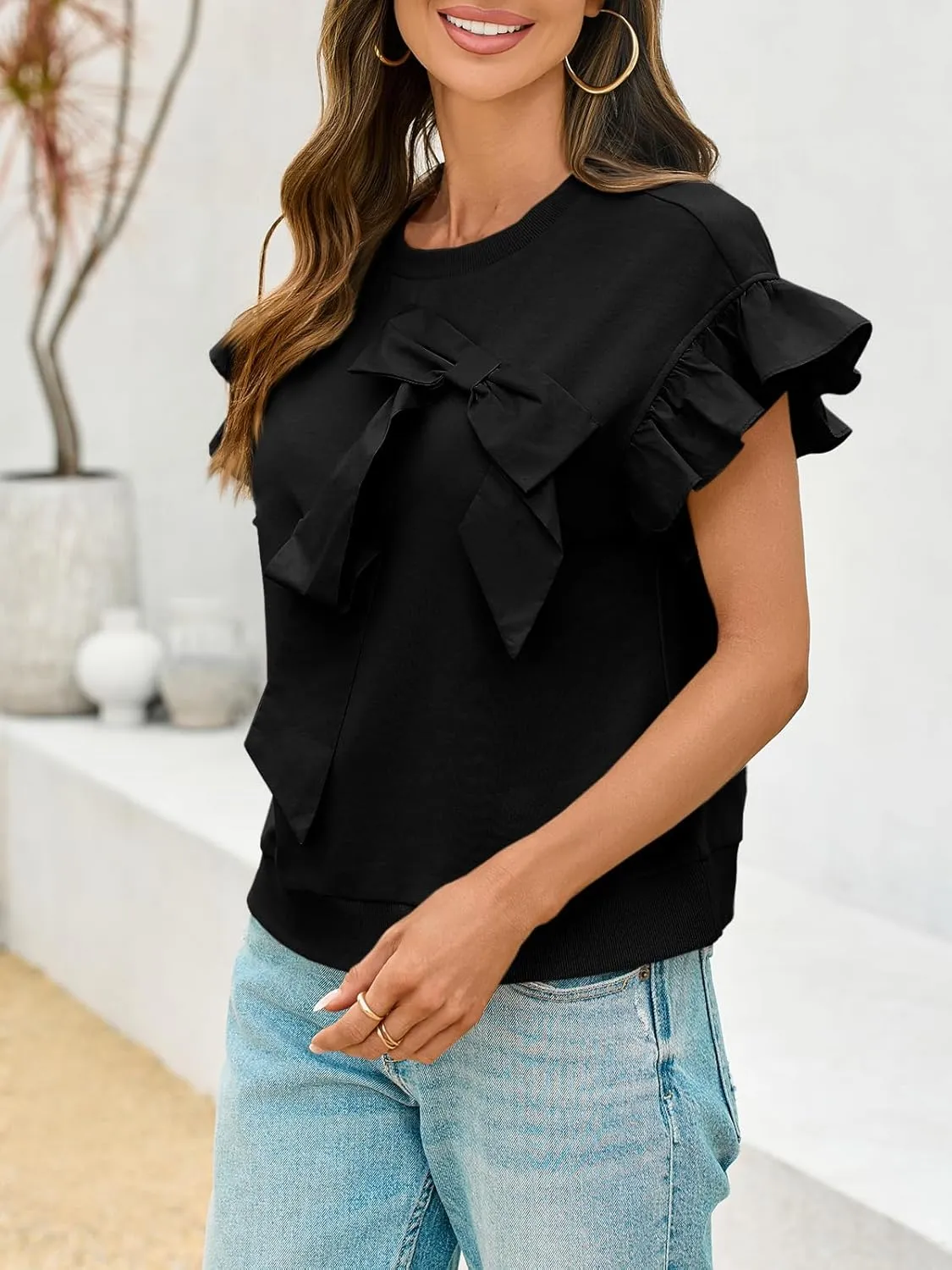 Cicy Bell Womens Ruffle Sleeve T Shirts Summer Casual Bow Tops Loose Fit Crew Neck Tees