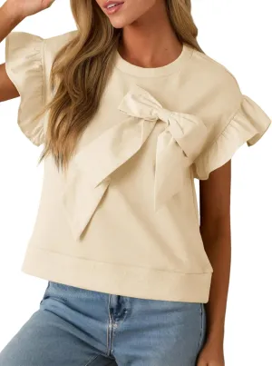 Cicy Bell Womens Ruffle Sleeve T Shirts Summer Casual Bow Tops Loose Fit Crew Neck Tees