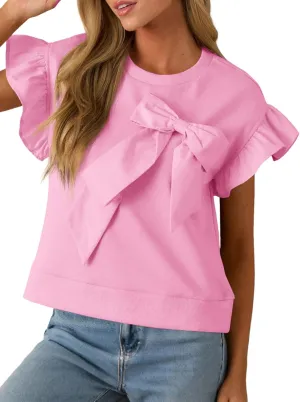 Cicy Bell Womens Ruffle Sleeve T Shirts Summer Casual Bow Tops Loose Fit Crew Neck Tees