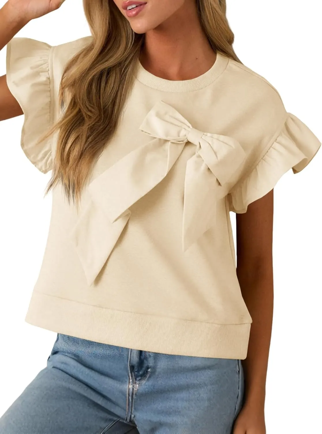 Cicy Bell Womens Ruffle Sleeve T Shirts Summer Casual Bow Tops Loose Fit Crew Neck Tees