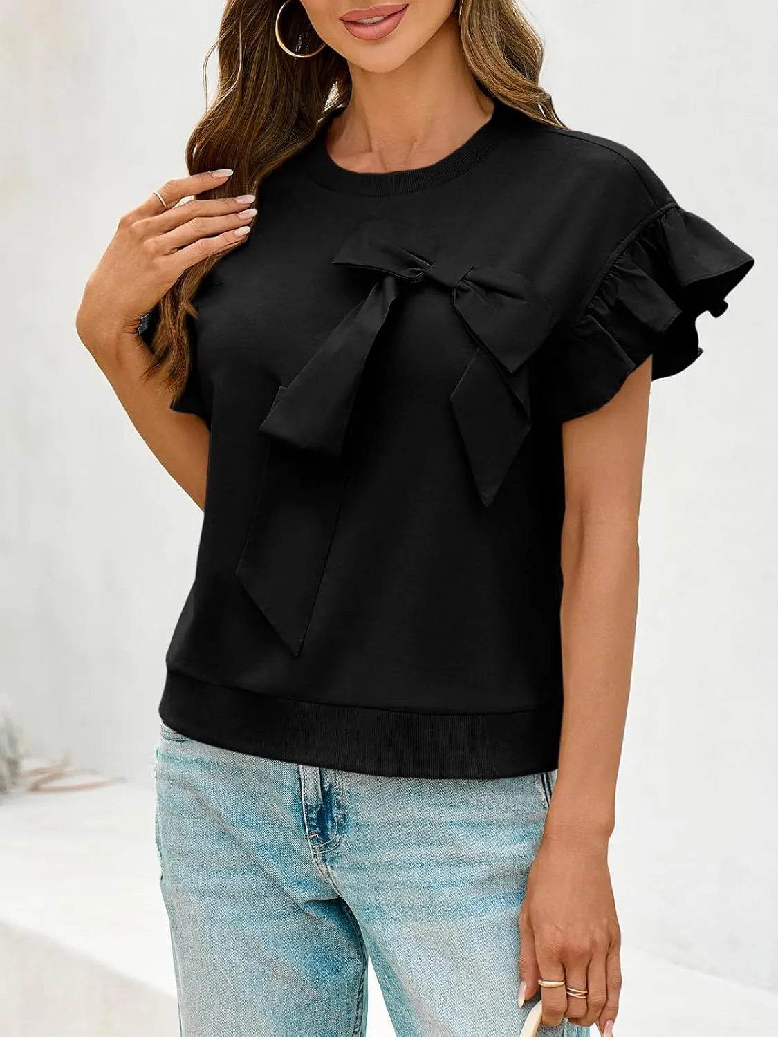 Cicy Bell Womens Ruffle Sleeve T Shirts Summer Casual Bow Tops Loose Fit Crew Neck Tees