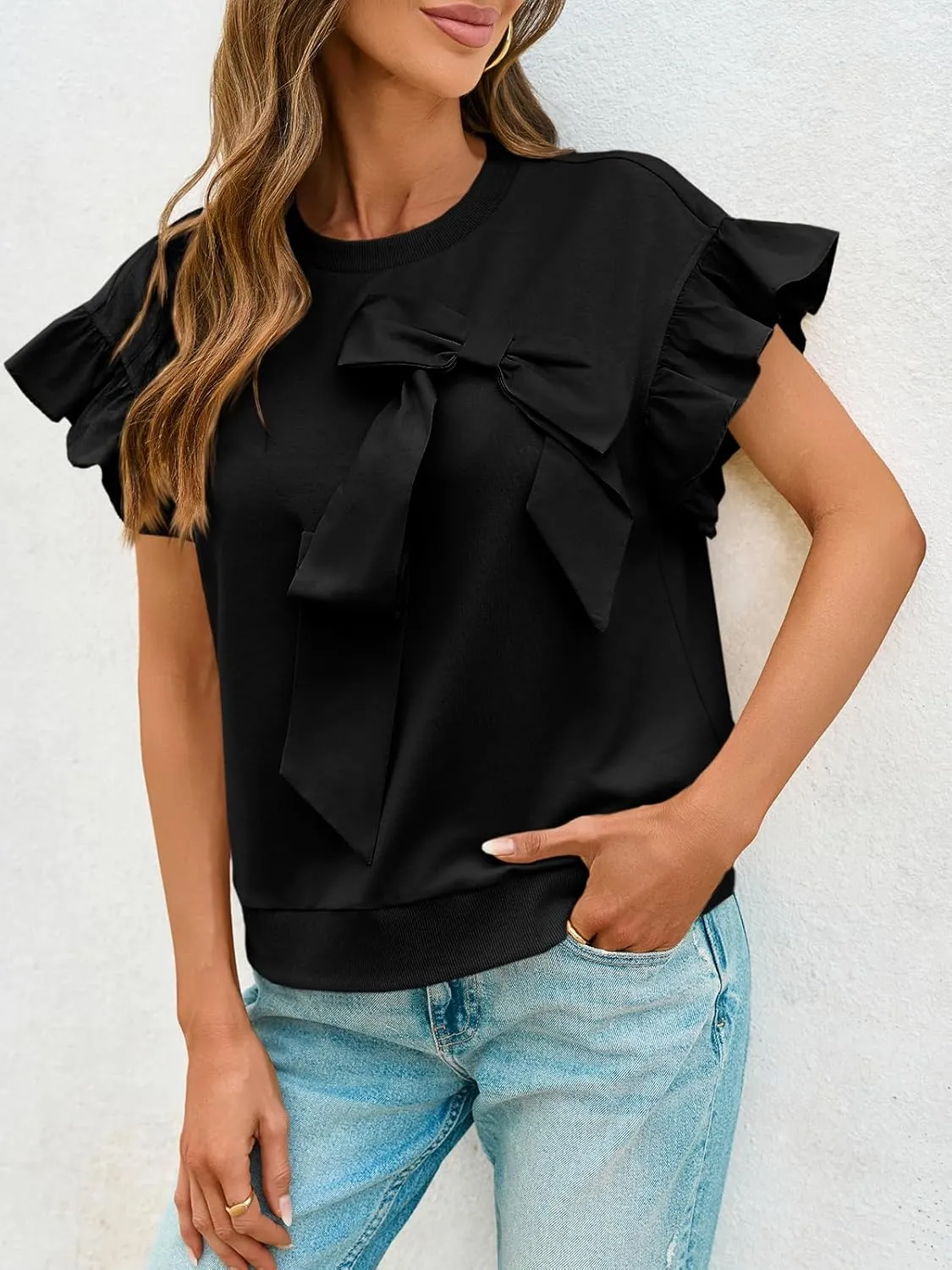 Cicy Bell Womens Ruffle Sleeve T Shirts Summer Casual Bow Tops Loose Fit Crew Neck Tees