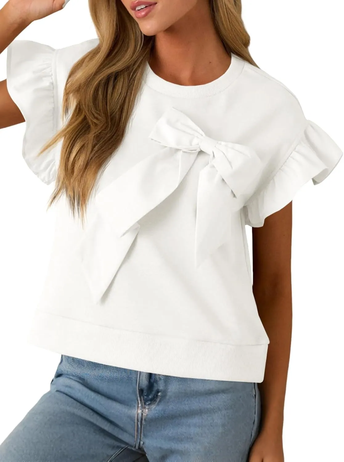 Cicy Bell Womens Ruffle Sleeve T Shirts Summer Casual Bow Tops Loose Fit Crew Neck Tees