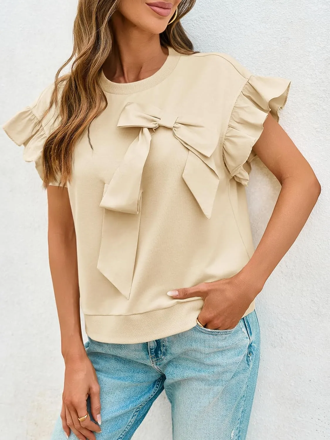 Cicy Bell Womens Ruffle Sleeve T Shirts Summer Casual Bow Tops Loose Fit Crew Neck Tees