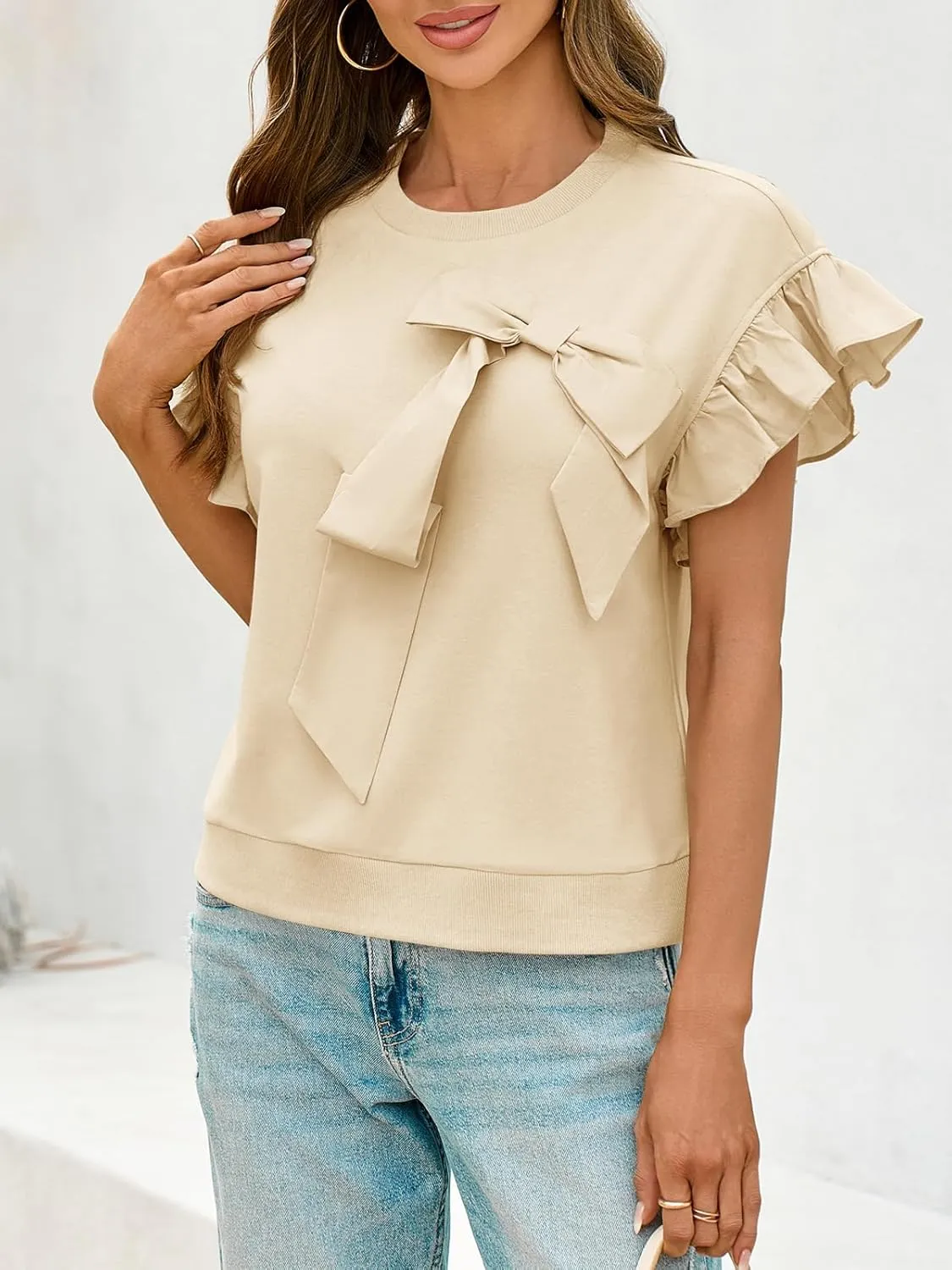 Cicy Bell Womens Ruffle Sleeve T Shirts Summer Casual Bow Tops Loose Fit Crew Neck Tees