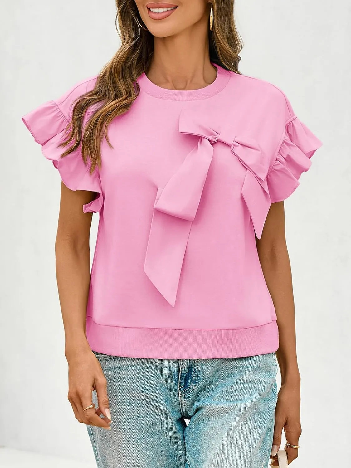 Cicy Bell Womens Ruffle Sleeve T Shirts Summer Casual Bow Tops Loose Fit Crew Neck Tees