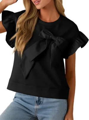 Cicy Bell Womens Ruffle Sleeve T Shirts Summer Casual Bow Tops Loose Fit Crew Neck Tees