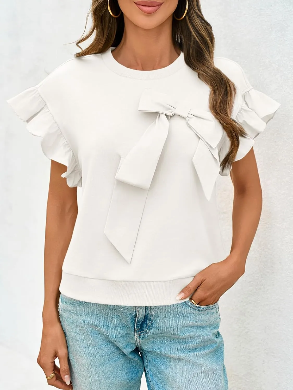 Cicy Bell Womens Ruffle Sleeve T Shirts Summer Casual Bow Tops Loose Fit Crew Neck Tees
