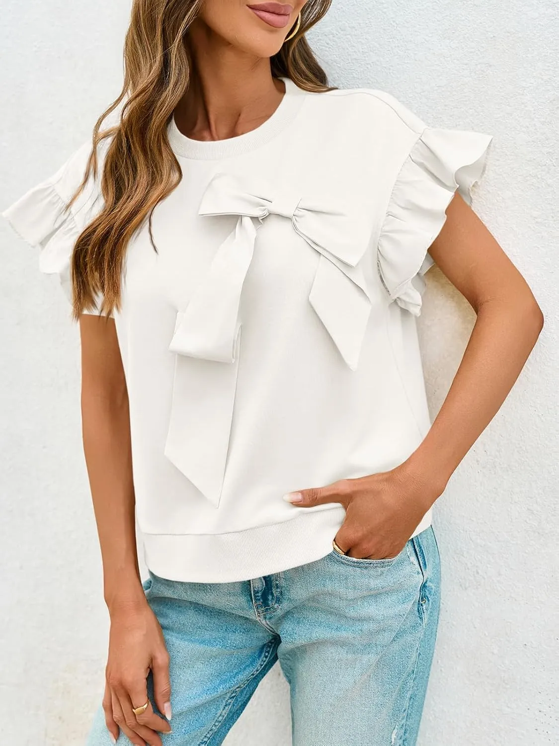 Cicy Bell Womens Ruffle Sleeve T Shirts Summer Casual Bow Tops Loose Fit Crew Neck Tees