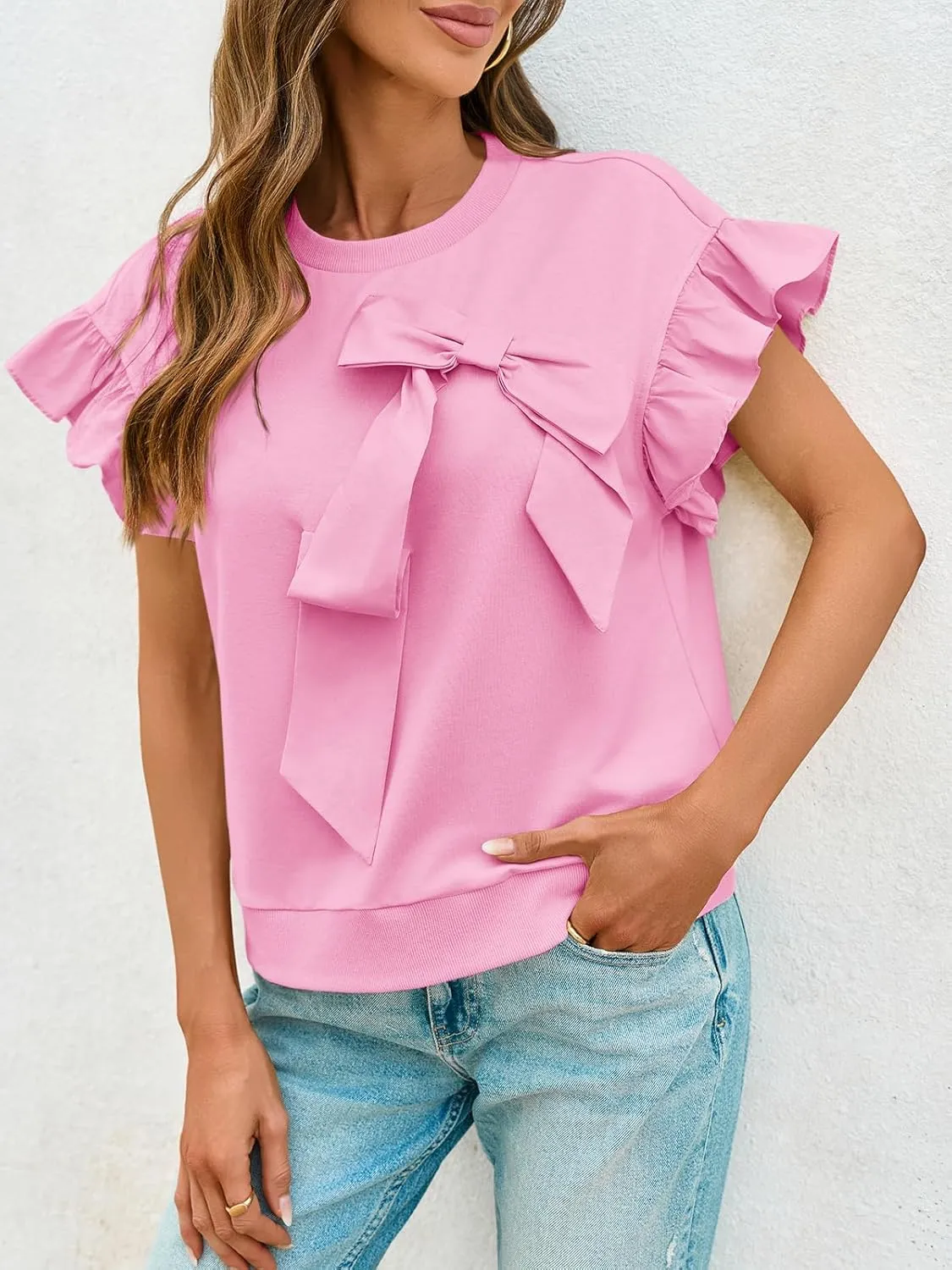 Cicy Bell Womens Ruffle Sleeve T Shirts Summer Casual Bow Tops Loose Fit Crew Neck Tees