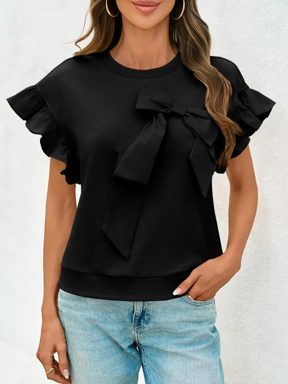 Cicy Bell Womens Ruffle Sleeve T Shirts Summer Casual Bow Tops Loose Fit Crew Neck Tees