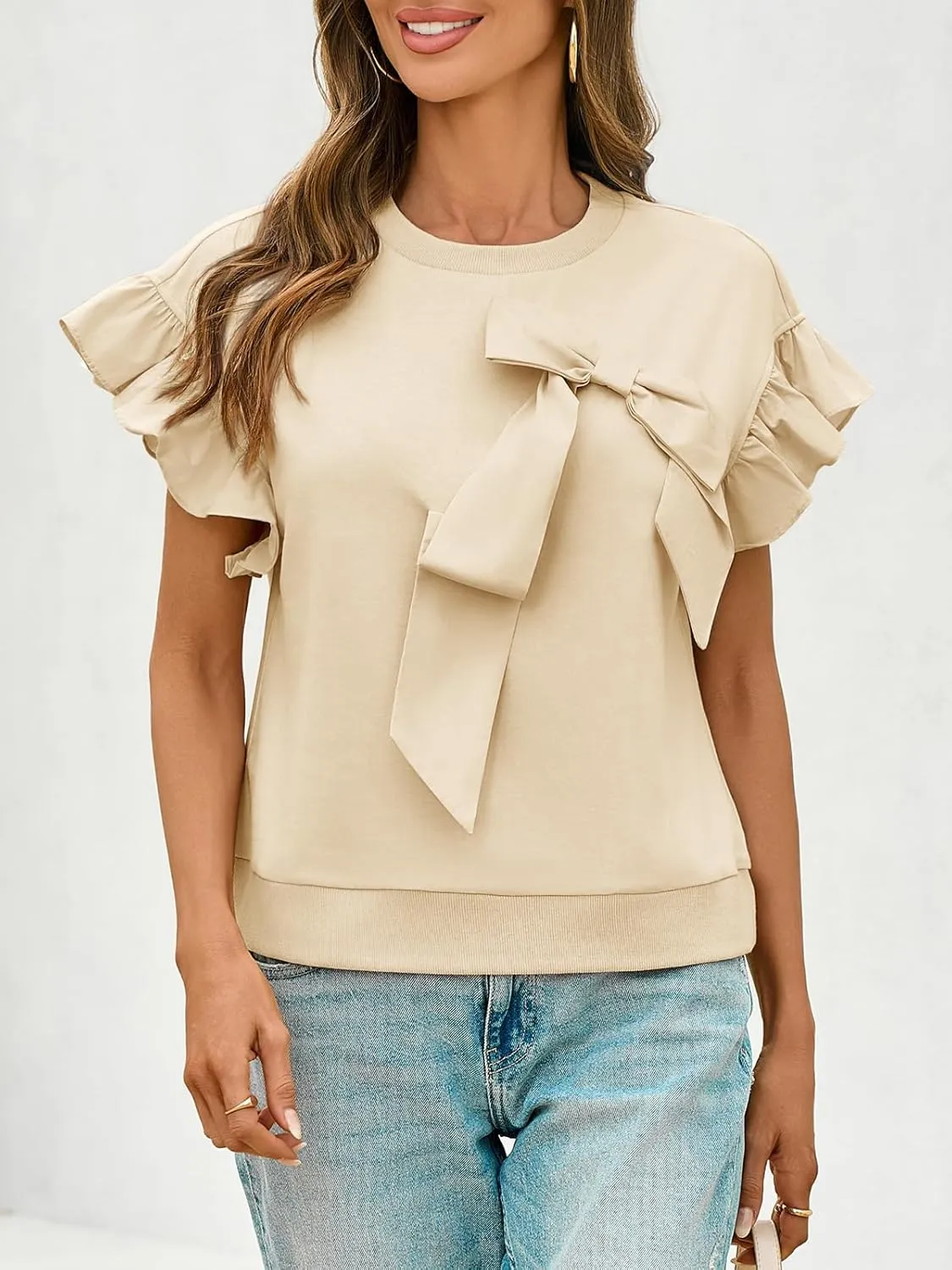 Cicy Bell Womens Ruffle Sleeve T Shirts Summer Casual Bow Tops Loose Fit Crew Neck Tees