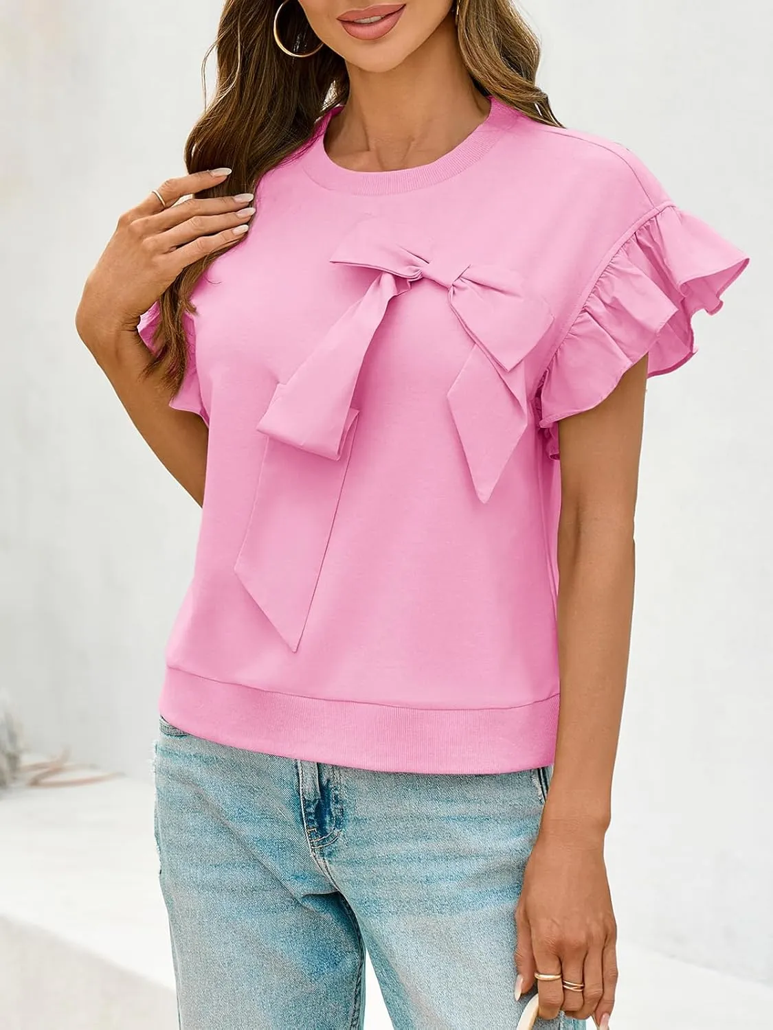 Cicy Bell Womens Ruffle Sleeve T Shirts Summer Casual Bow Tops Loose Fit Crew Neck Tees