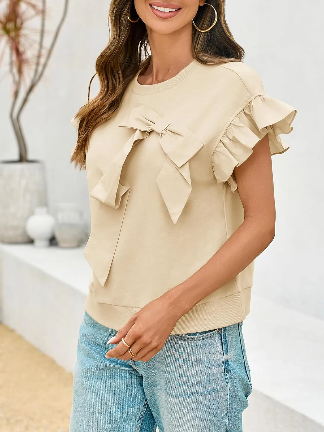 Cicy Bell Womens Ruffle Sleeve T Shirts Summer Casual Bow Tops Loose Fit Crew Neck Tees