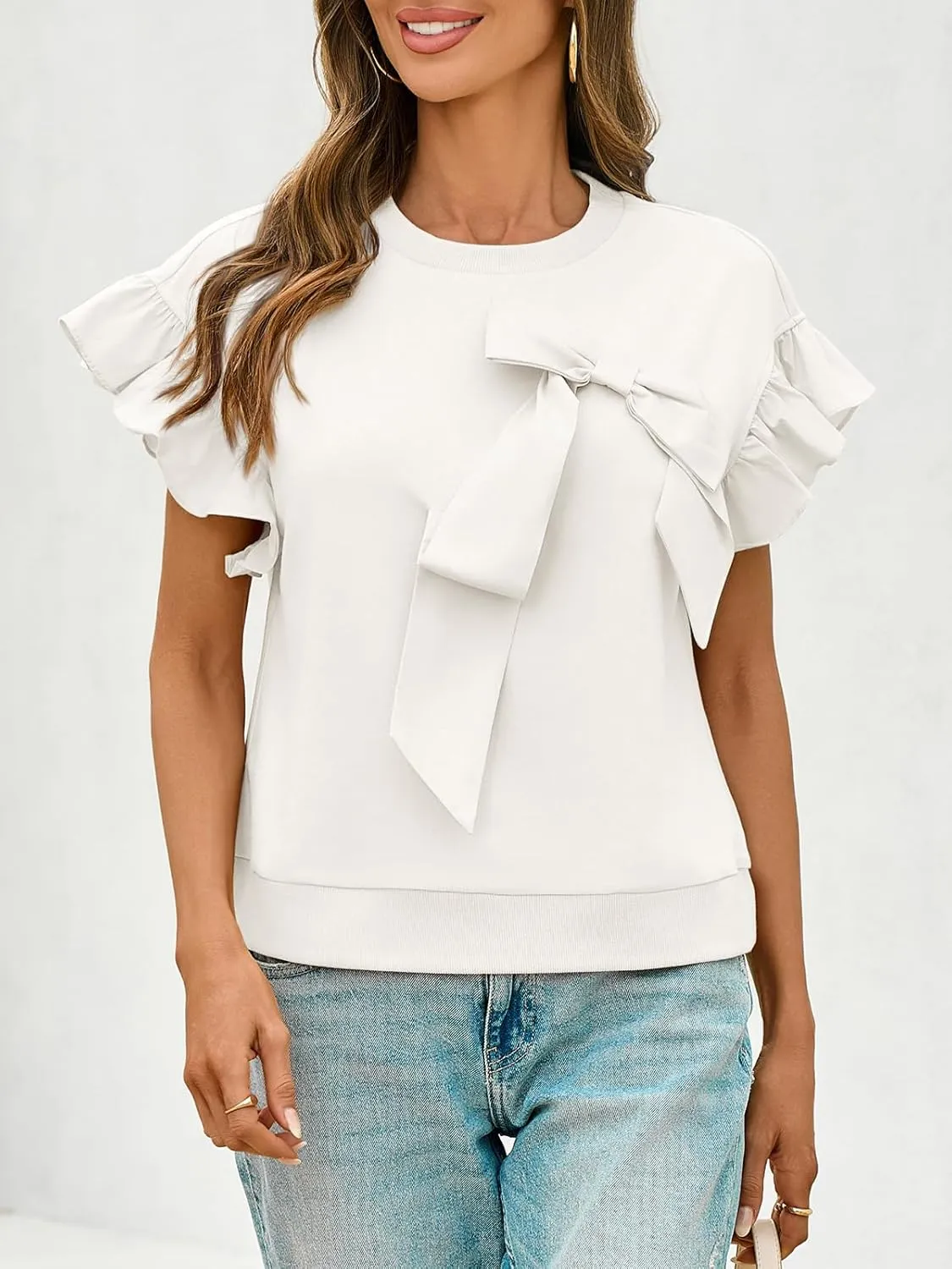 Cicy Bell Womens Ruffle Sleeve T Shirts Summer Casual Bow Tops Loose Fit Crew Neck Tees