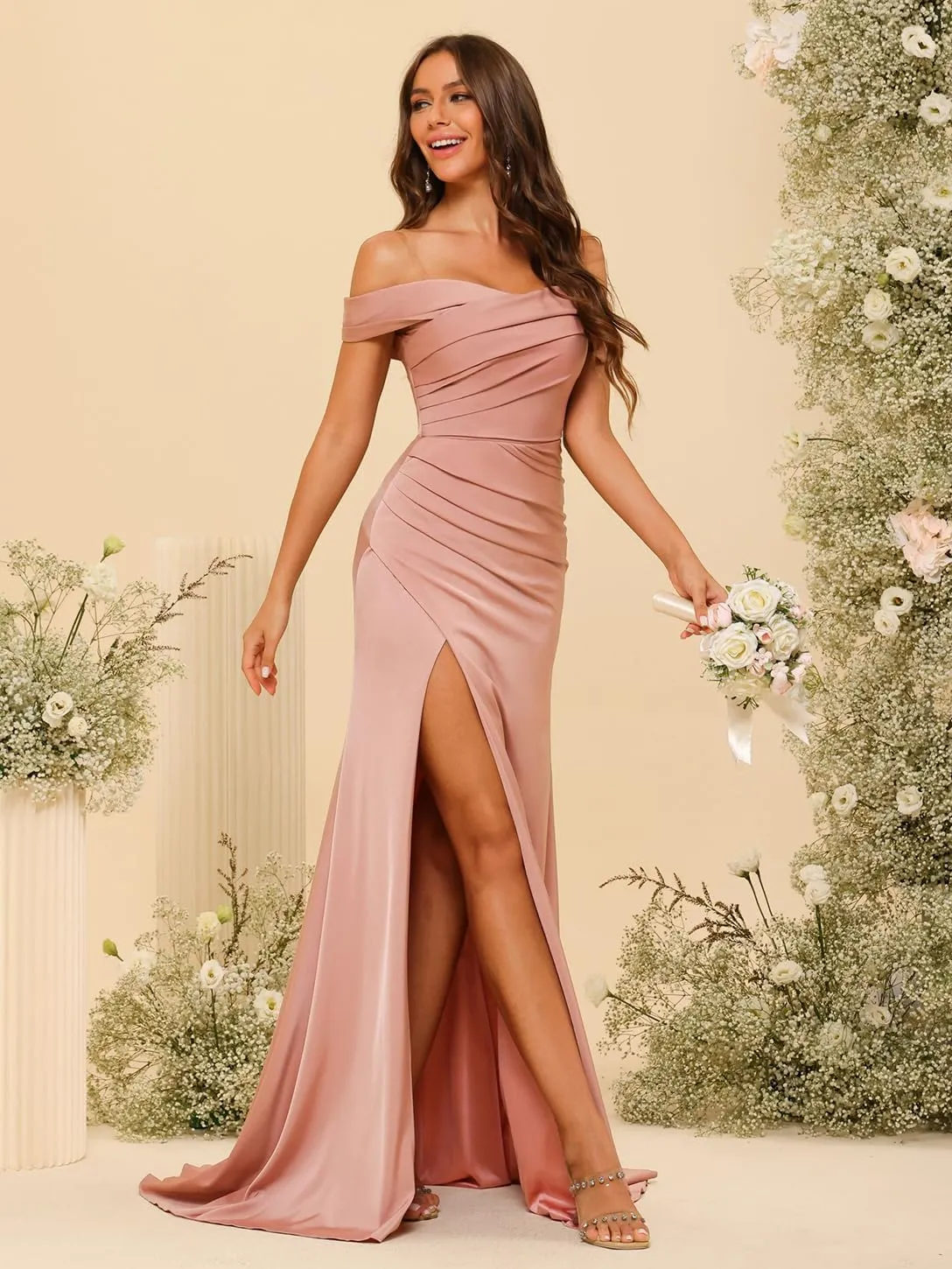 Clothfun Off The Shoulder Mermaid Bridesmaid Dresses 2025 Satin Ruched Long Mermaid Prom Gown with Slit CY132