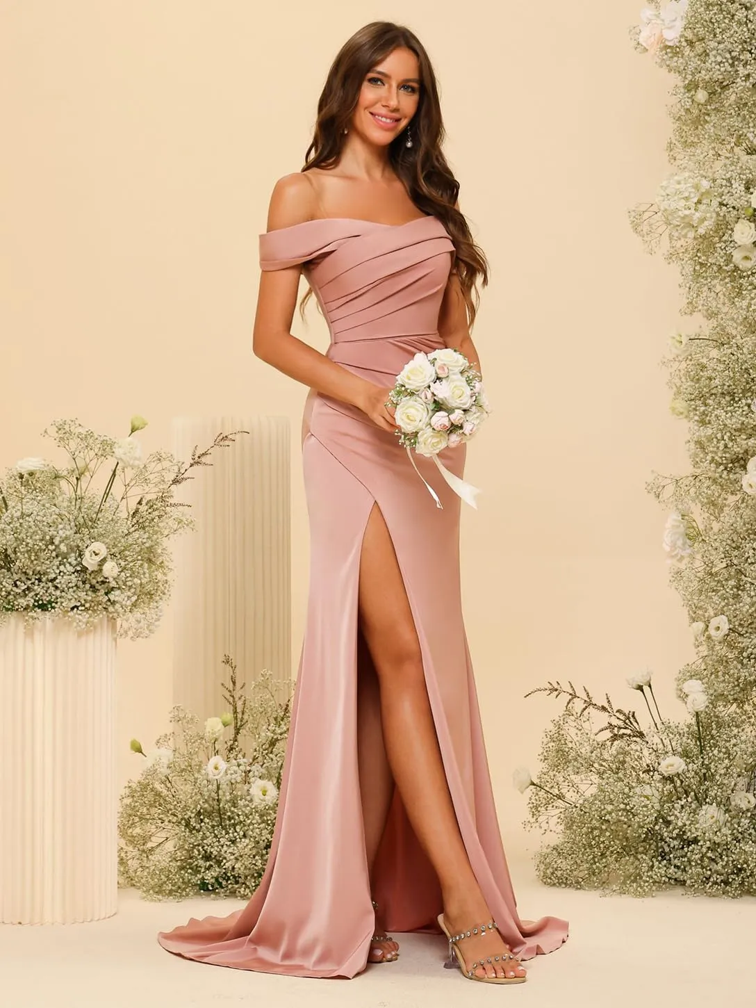 Clothfun Off The Shoulder Mermaid Bridesmaid Dresses 2025 Satin Ruched Long Mermaid Prom Gown with Slit CY132