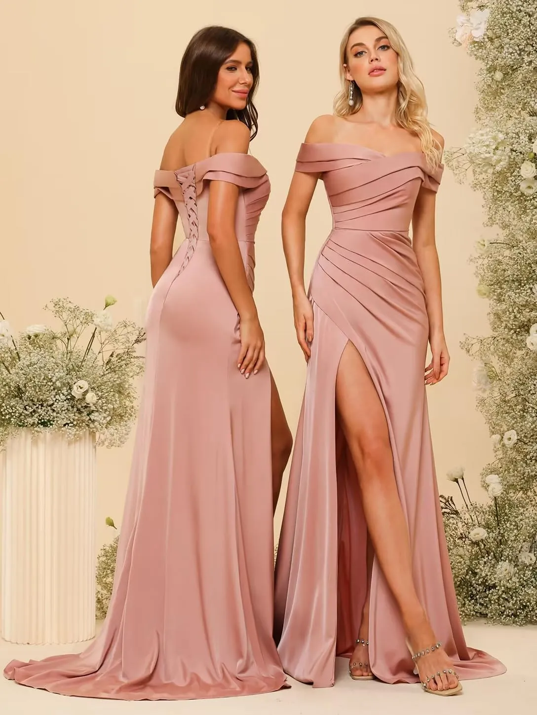 Clothfun Off The Shoulder Mermaid Bridesmaid Dresses 2025 Satin Ruched Long Mermaid Prom Gown with Slit CY132