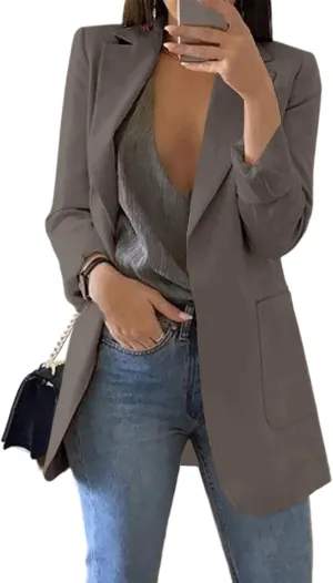 Cnkwei Womens Casual Blazers Open Front Long Sleeve Lapel Collar Work Office Jacket
